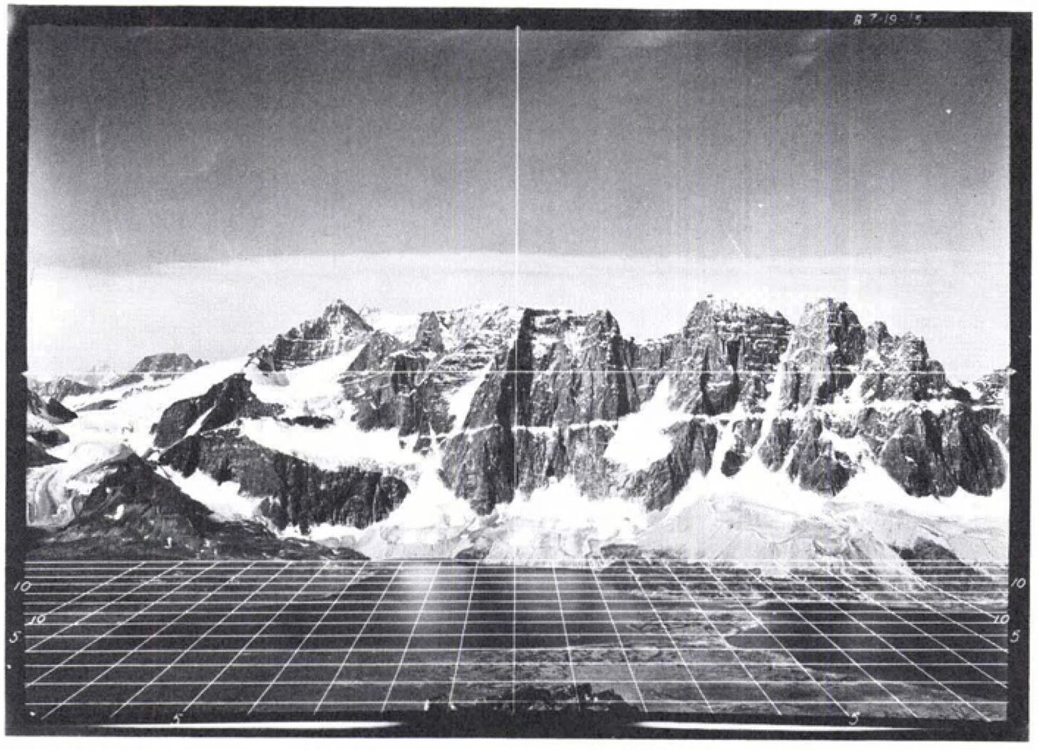 An image taken with a Perspectometer, “a perspective grid used as a guide in sketching horizontal features on the map.” 1924, Public Domain. Found    here   .
