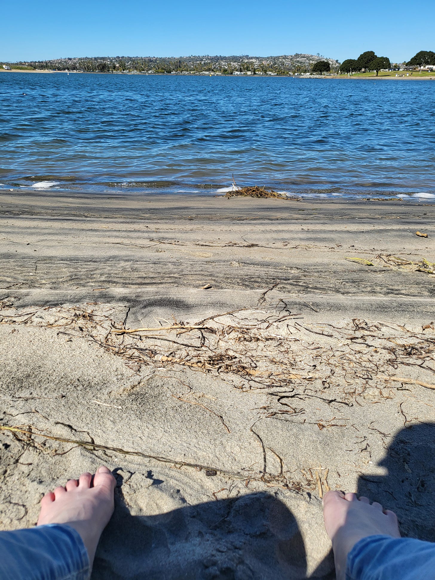 photograph of the ocean at Mission Bay, the beach, and my feet near the camera 