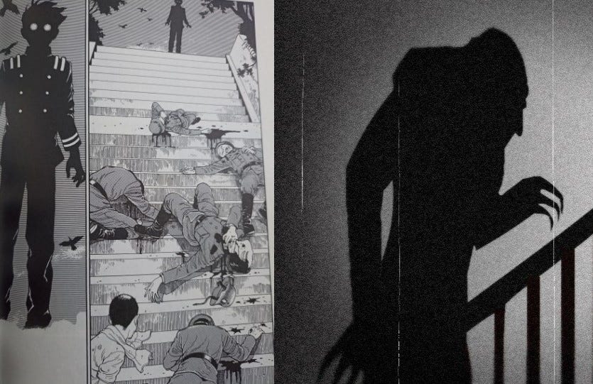 Dos imagenes contrastadas: la primera del manga de Maruo, con el personaje de Mori como una sombra dibujandose contra el cielo nocturno y amenazante sobre una escalinata llena de cadáveres, y la segunda es la imágen más icónica del film "Nosferatu", con el vampiro como una sombra subiendo unas escaleras.