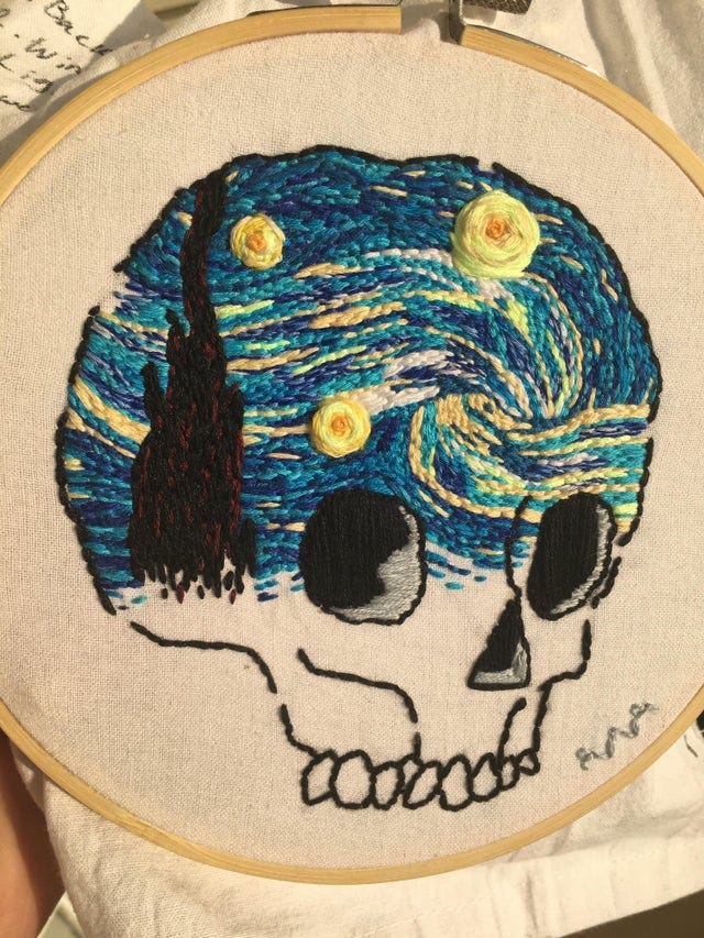 r/Art - Starry Night, me, embroidery on cloth, 2020