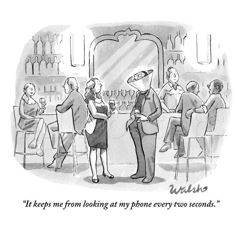 Man with Dog Cone of Shame - "it keeps me from looking at my phone every  two seconds." | Funny pictures, New yorker cartoons, Bones funny