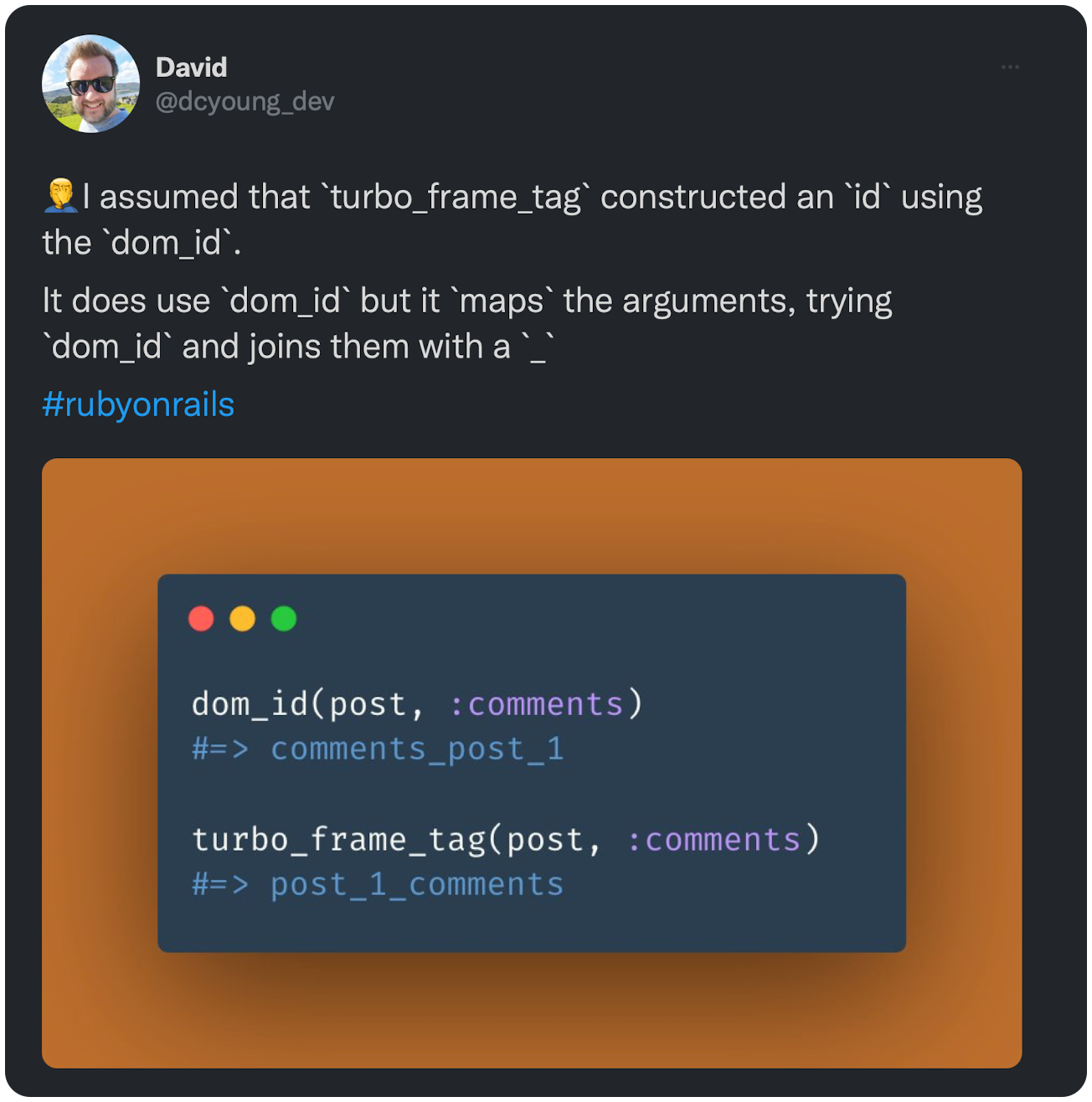 🤦‍♂️I assumed that `turbo_frame_tag` constructed an `id` using the `dom_id`. It does use `dom_id` but it `maps` the arguments, trying `dom_id` and joins them with a `_` #rubyonrails