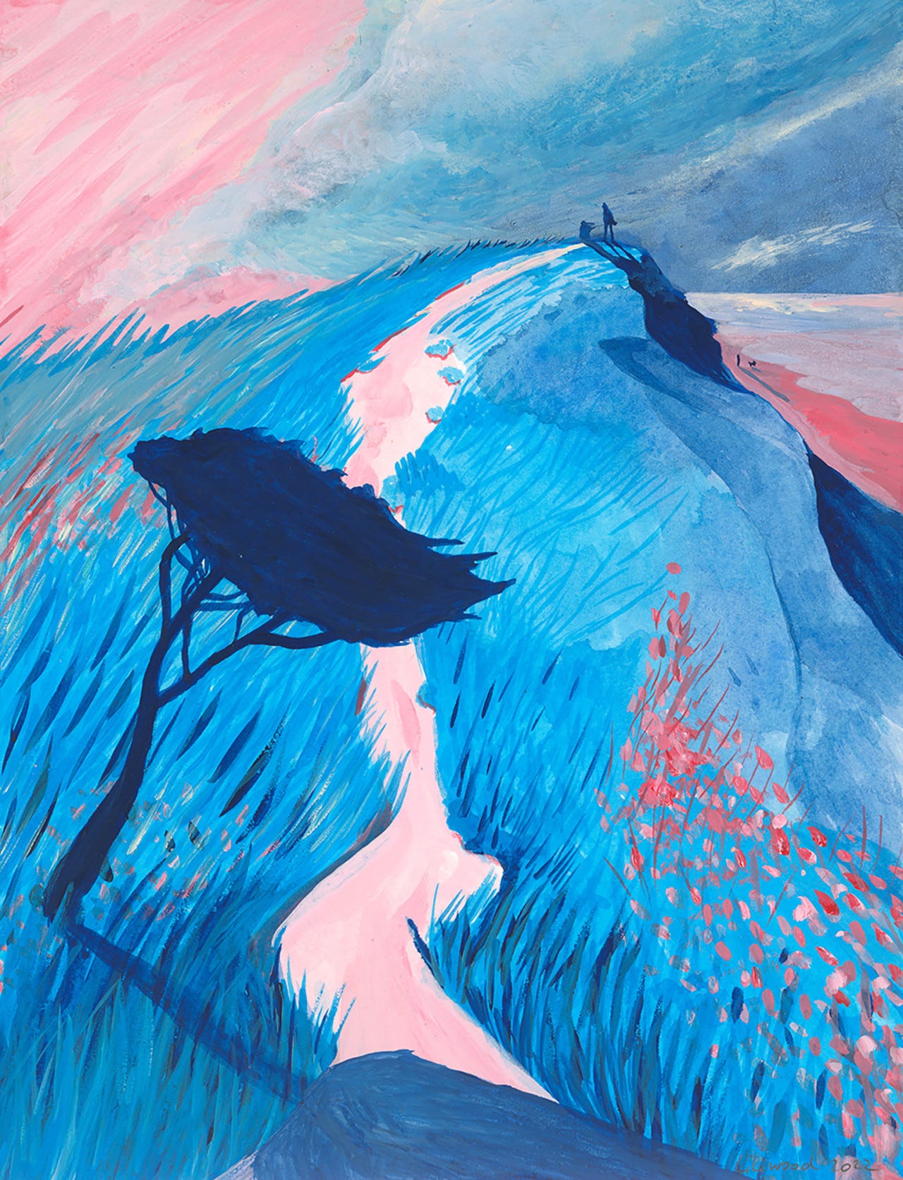 blue and pink artwork of a path leading up a hill, with two small figures near the top, one standing and the other crouching