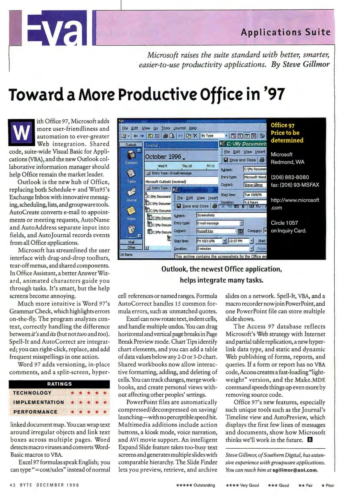 Byte Magazine review showing 5 stars across technology, implementation, performance)