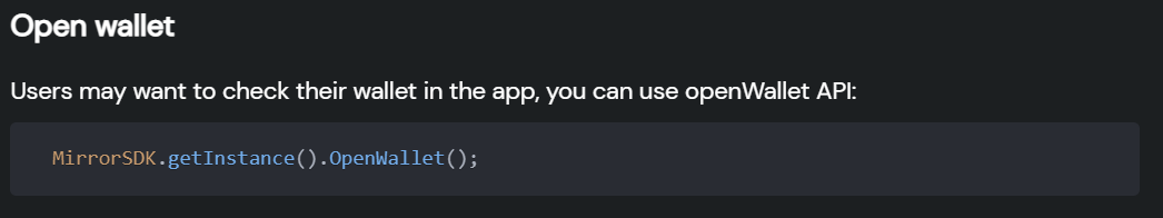 Use Mirror World API to access in app wallet