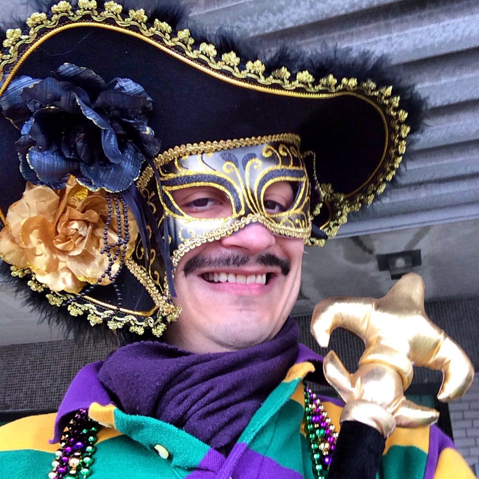 The author looking very festive on Mardi Gras