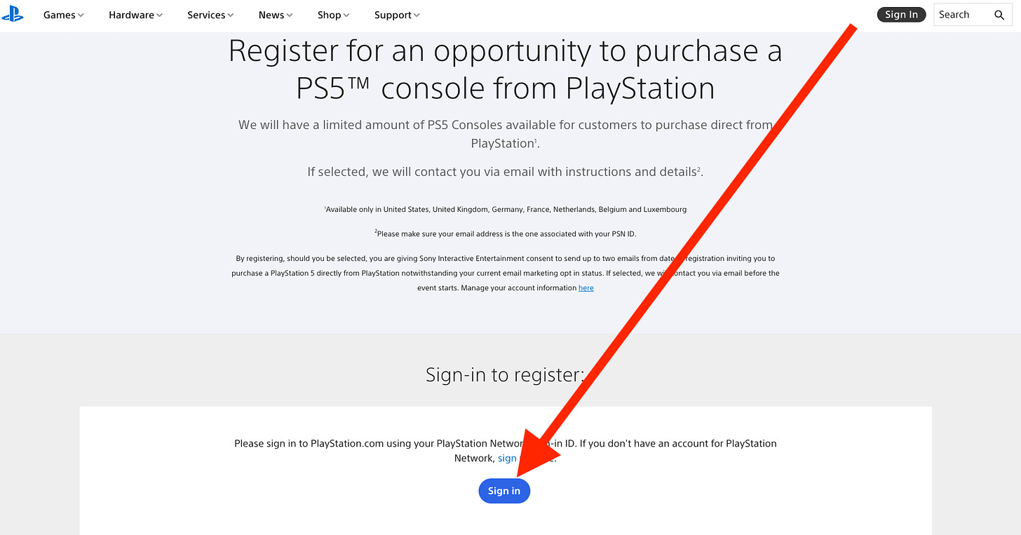 Sony Direct PS5 restock register