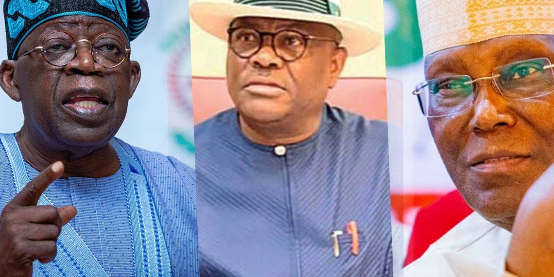 APC flagbearer Bola Tinubu, Rivers State Governor Nyesom Wike and PDP flagbearer Atiku Abubakar