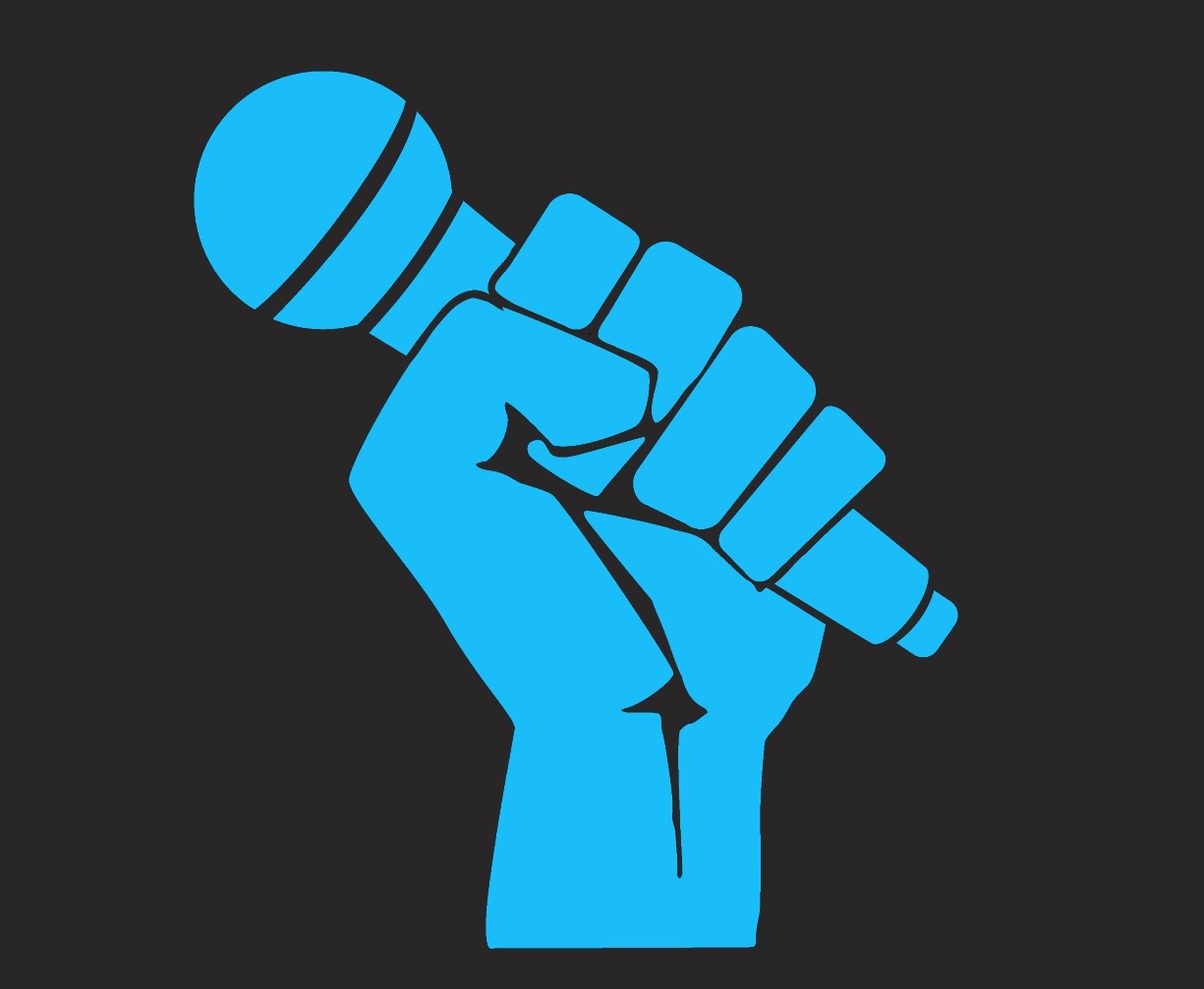 Pass the Mic podcast logo: blue fist holding a blue microphone on a black background