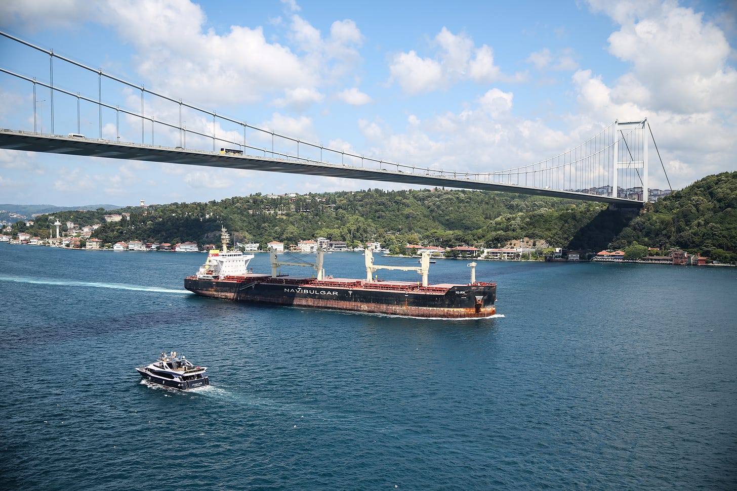 Maltese-flagged ship Rojen, which departed from Ukraine's Chornomorsk port carrying 13,000 tons of corn from Ukraine to United Kingdom, passes through the Bosphorus on August 7, 2022 in İstanbul, Türkiye. (Photo by Cem Tekkesinoglu/ dia images)