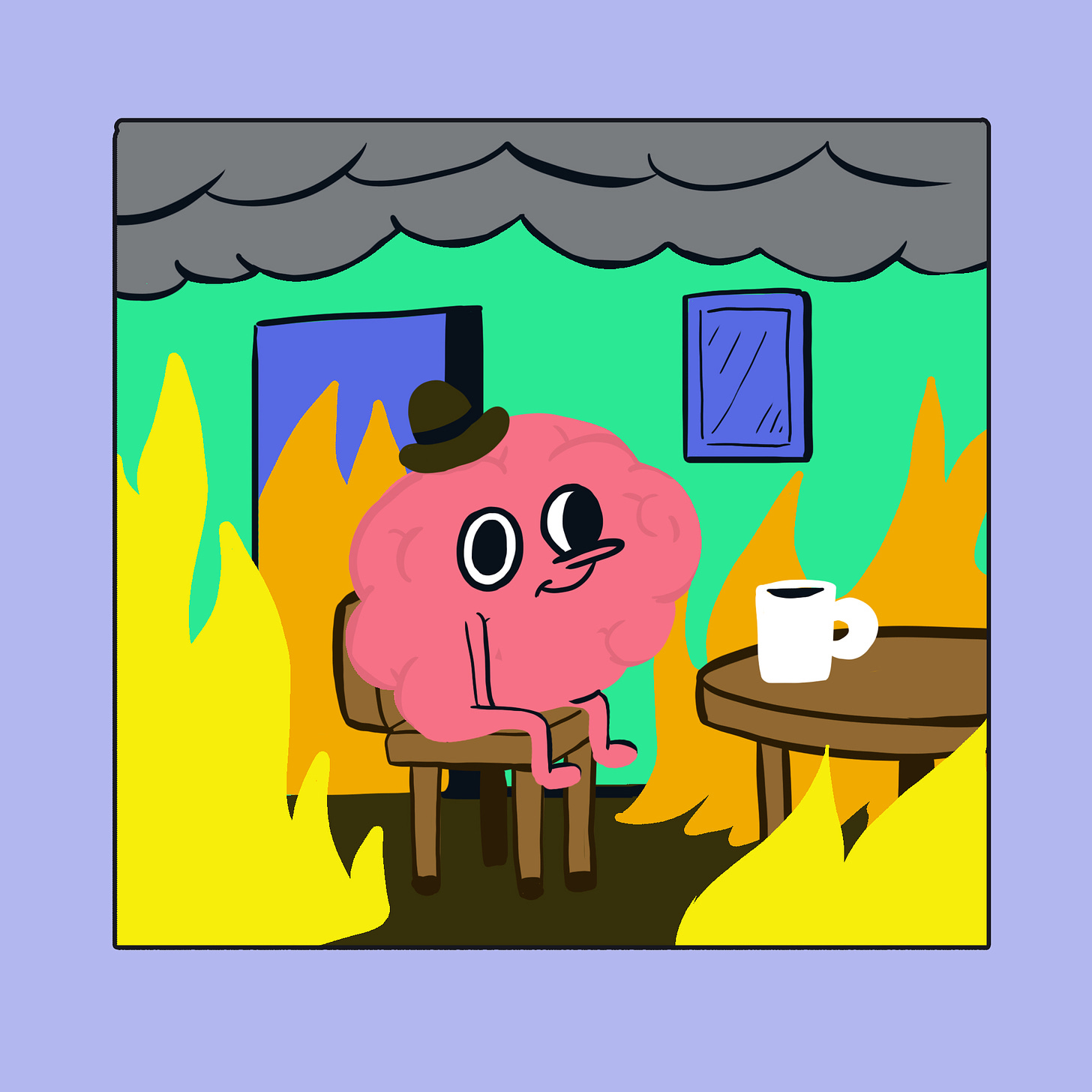 Ilustración de un cerebro con cara sentado en medio de un cuarto prendido en fuego mientras se toma un café