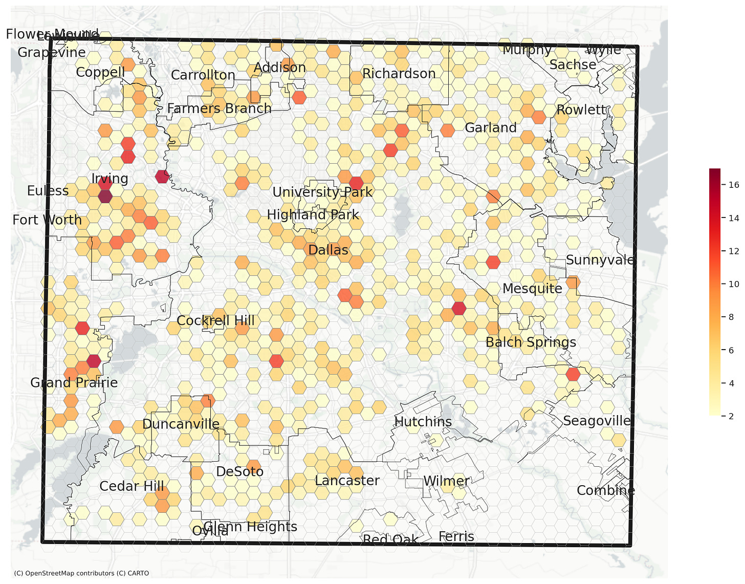 Dallas County's hex map documenting COVID cases as of Oct. 22