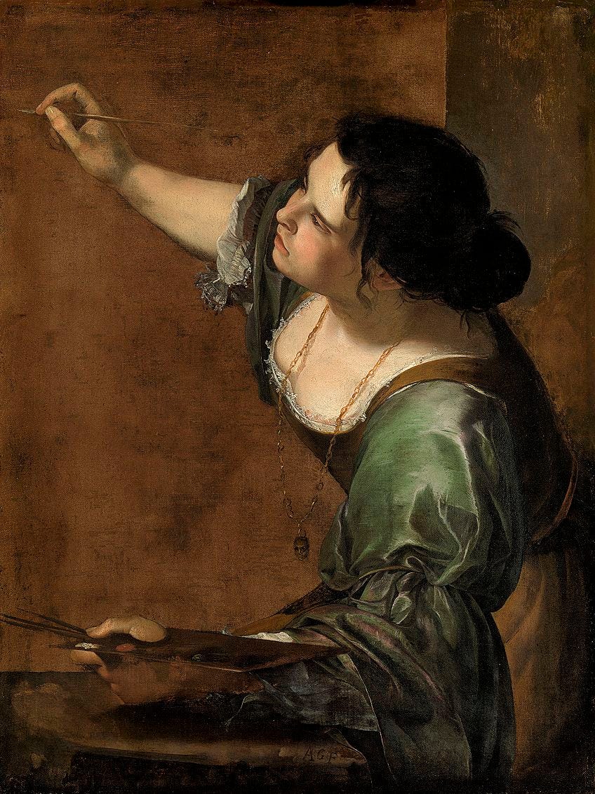 Pintura de estilo clássico, uma mulher corpulenta de lado, segurando um pincel e olhando para cima. Fundo chapado marrom sem detalhes