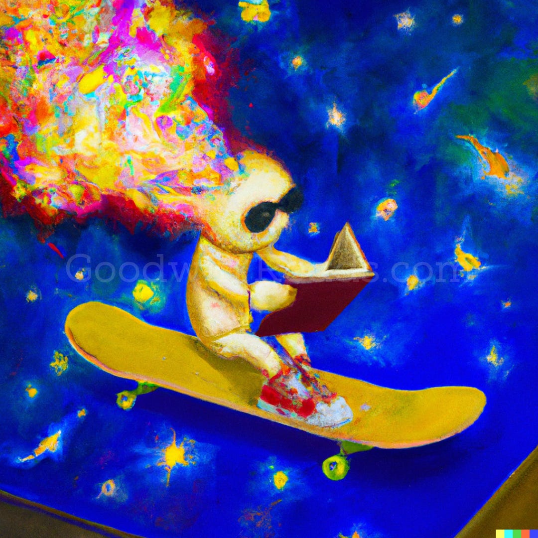 #2—Oil painting of banana reading while skateboarding, depicted as a star nebula