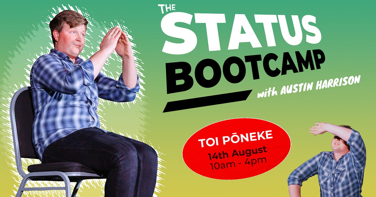 Promo image for Status Bootcamp - includes text and a picture of Austin sitting on a chair. He’s wearing a blue check shirt and jeans.