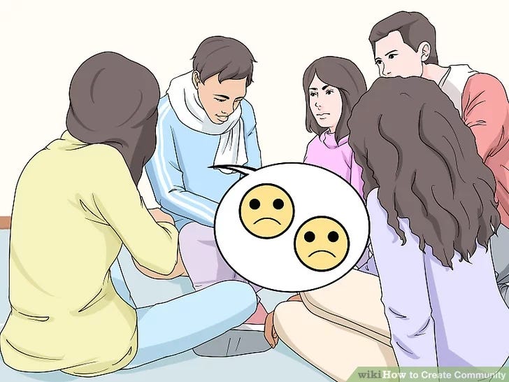 WikiHow illustration of a group of five people in a circle, with a speaking bubble attributed to one person with two sad faces inside of it.
