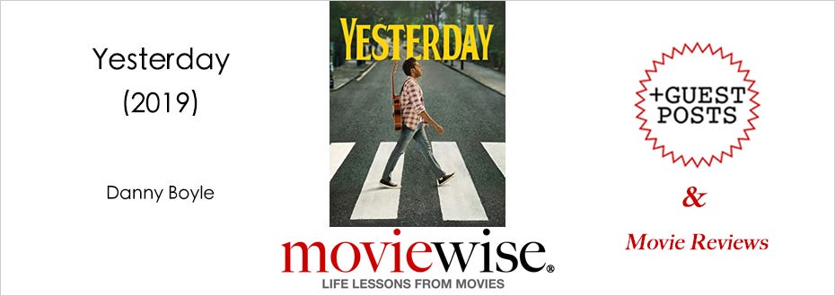 A movie poster showing a man with a guitar on his back crossing a street that is reminiscent of the famous picture of the Beatles on Abbey Road.