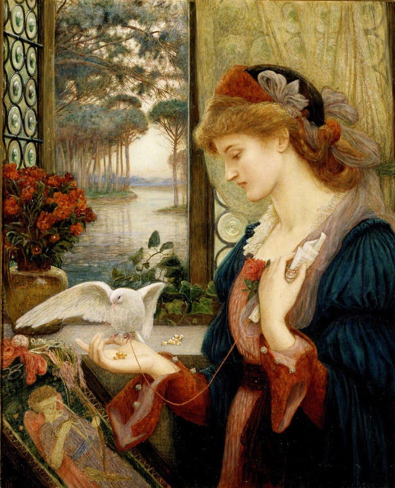 image: Love's Messenger, a 1885 watercolour and tempera painting by Marie Spartali Stillman. The painting shows a brunette hair woman from sideways, gently holding a pigeon (rather, the pigeon perched on her fingers), the woman is holding a scroll which must have contained her love message. The woman is standing beside a window which looks out to a beautiful lake with trees. She's wearing a rich, deep green colour velvet dress with red trimmings. 