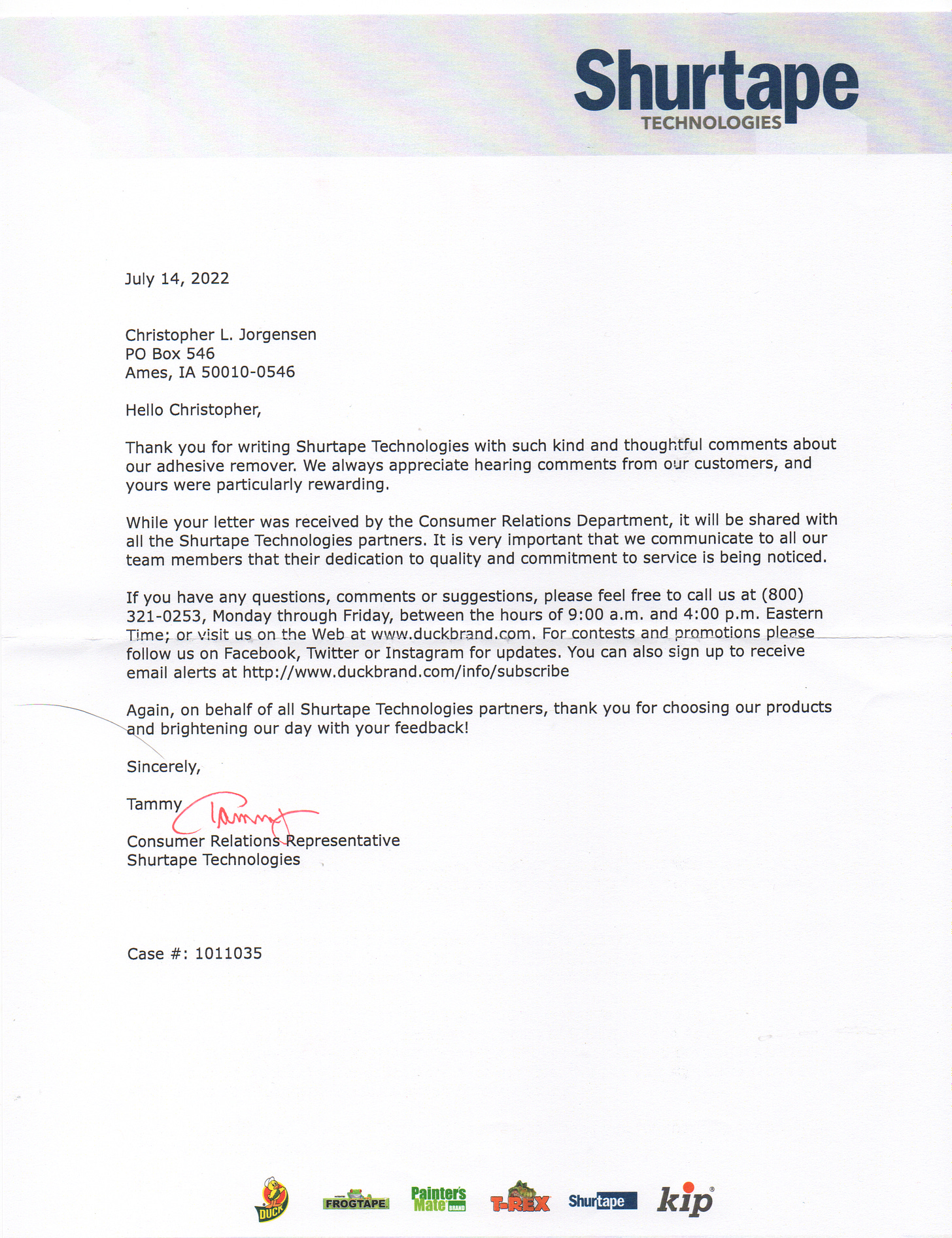 Scan of the letter from Shurtape. Transcript follows.