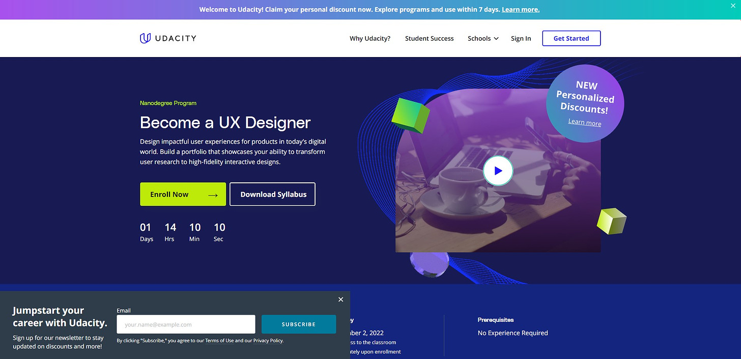 Landing page for Udacity's "Become a UX Designer" nanodegree program. The hero bloc includes a stock image of a computer and coffee, with information about the program, and a coutdown for the next enrollment date.