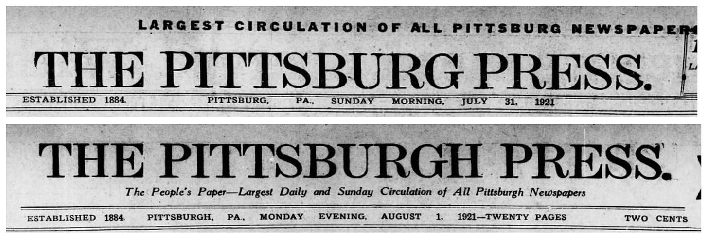 The top masthead reads The Pittsburg Press while the bottom reads The Pittsburgh Press  