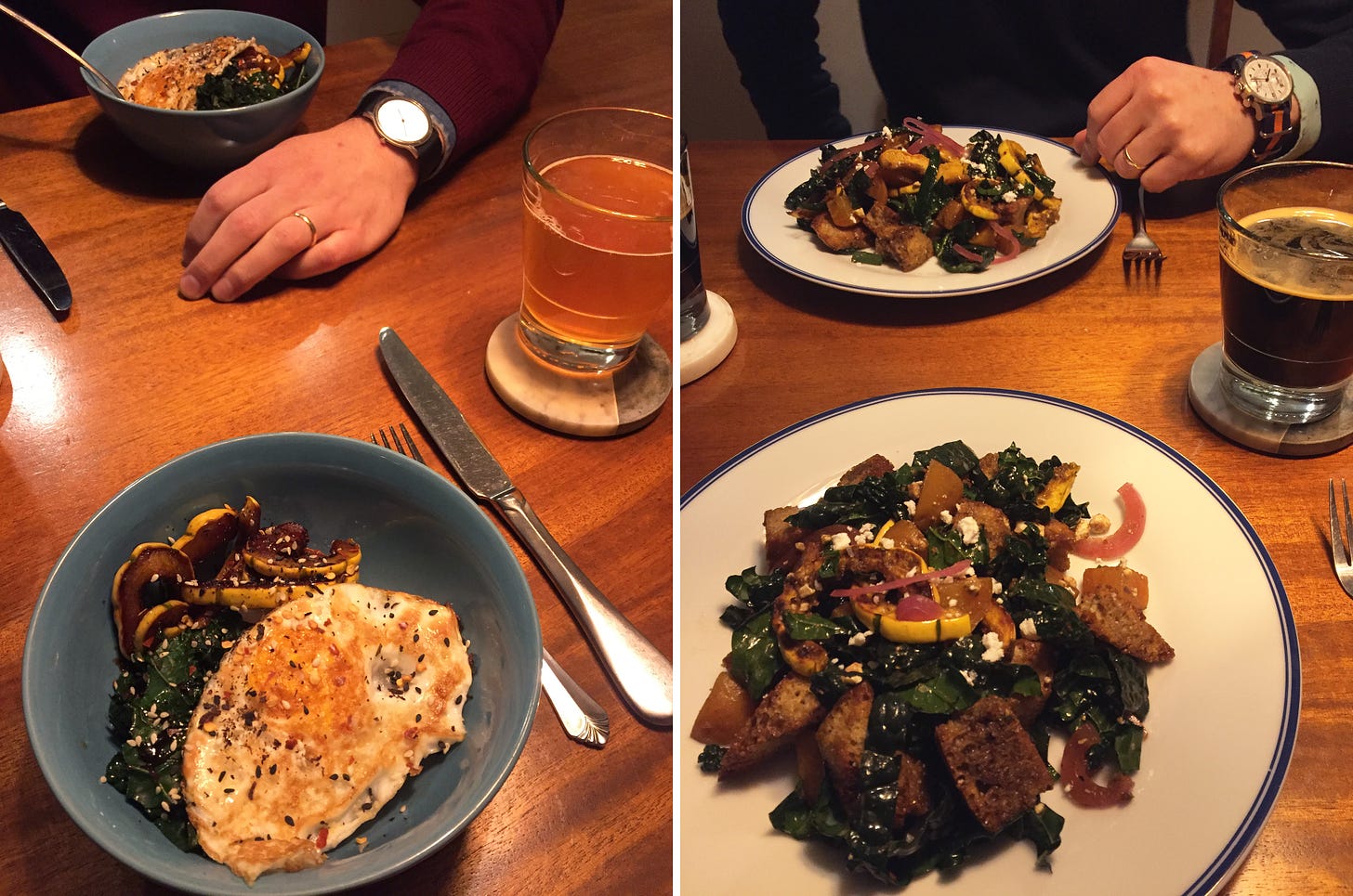 left image: a blue bowl with a fried egg, braised kale, and squash in hoisin sauce. Next to it is a glass of beer, and Jeff's hand rests on the table across. Right image: two white plates of kale panzanella with beets, squash, and red onions visible throughout. A glass of dark beer rests on a coaster next to the plate in the foreground.