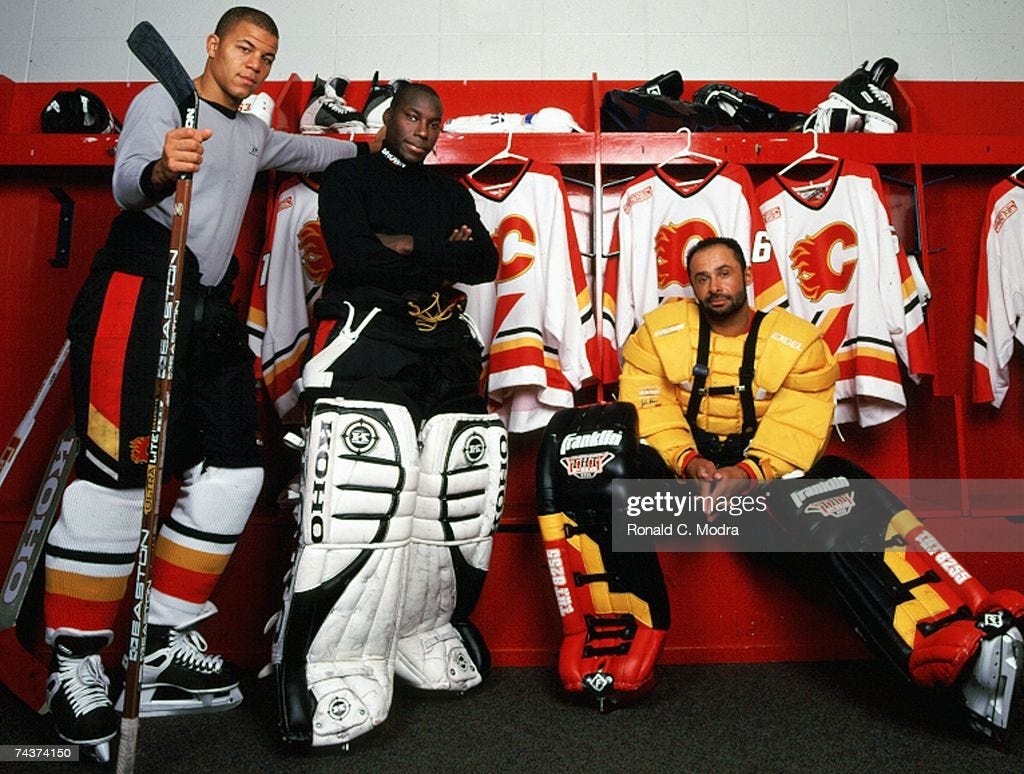 Jarome Iginla, Fred Brathwaite and Grant Fuhr of the Calgary Flames... News  Photo - Getty Images