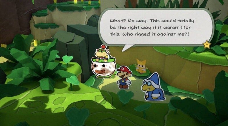 Bowser Jr., Mario, Olivia, and Kamek lost in the jungle.