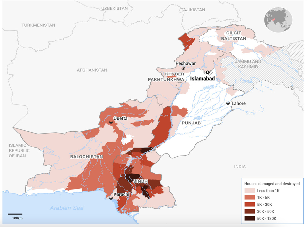 <p>Infographic showing the worst-affected regions in Pakistan by number of houses destroyed</p>