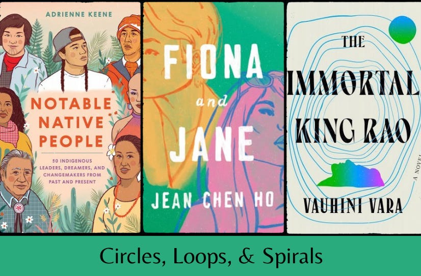 Three book covers in a row (Notable Native People, Fiona and Jane, The Immortal King Rao) above the text “Circles, Loops, & Spirals” on a green background.