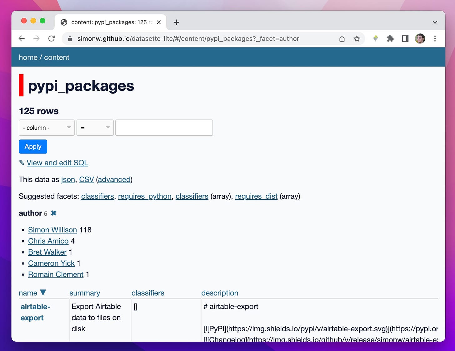 A screenshot of the pypi_packages database table running in Google Chrome in a page with the URL of lite.datasette.io/#/content/pypi_packages?_facet=author
