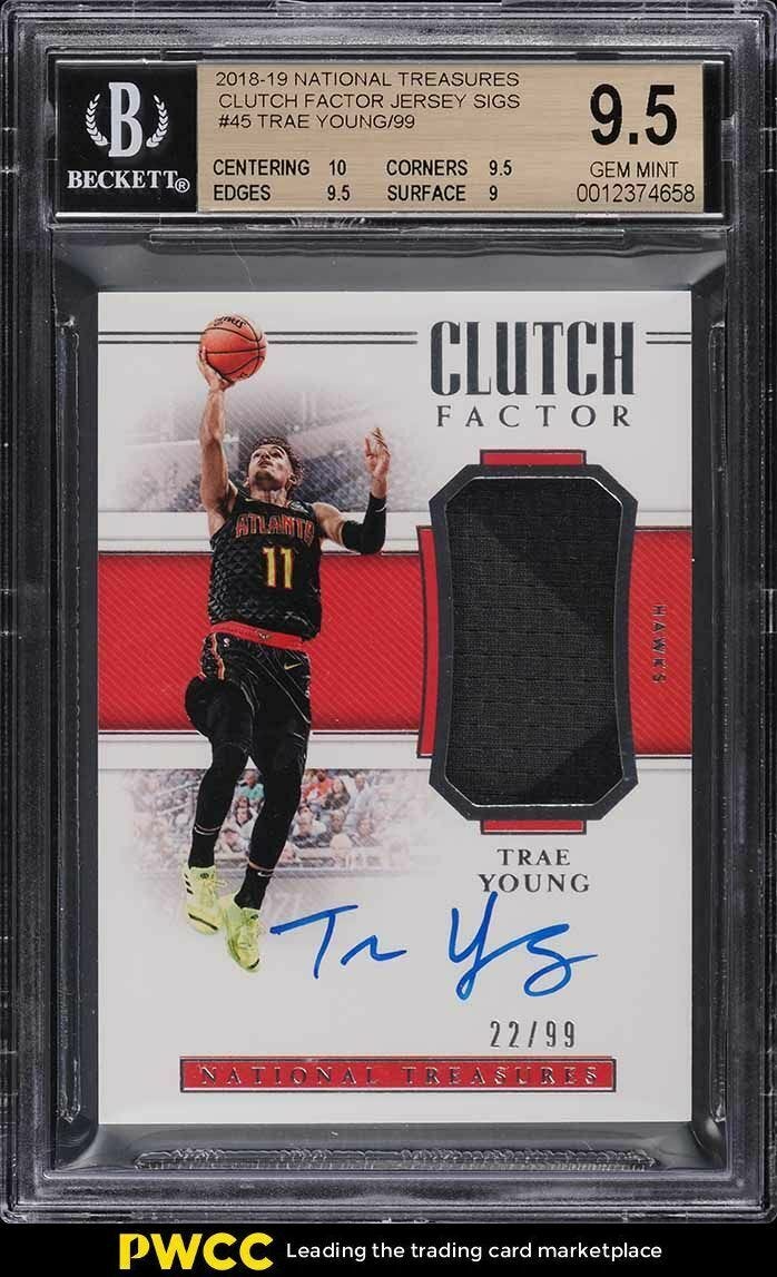 Image 1 - 2018-National-Treasures-Clutch-Factor-Trae-Young-ROOKIE-PATCH-AUTO-99-BGS-9-5