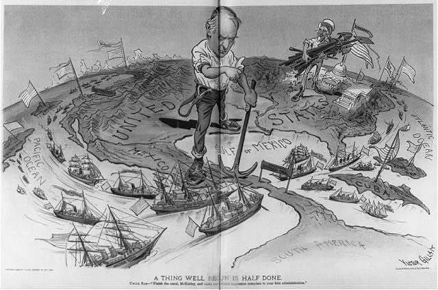 Illustration shows President McKinley straddling the "Gulf of Mexico" with one foot on the United States and the other on Mexico or Central America, rolling up his sleeves to resume work on the "Proposed Nicaragua Canal"; Uncle Sam, in the background, departs Washington with an armload of tools. Ships line up on both sides of the proposed canal site, waiting to pass through. U.S. flags fly over "Philippines, Hawaii, Alaska, Cuba," [and] "Porto [i.e. Puerto] Rico."