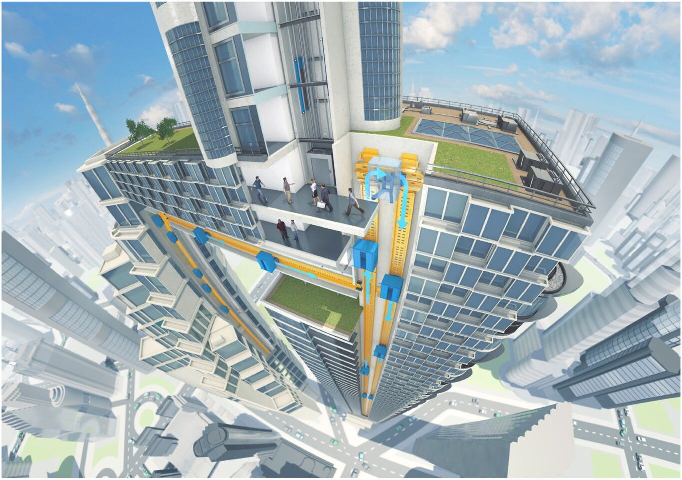 The Lift Energy Storage System would turn skyscrapers into giant gravity batteries, and would work even more efficiently if paired with next-level cable-free magnetic elevator systems like Thyssenkrupp's Multi-elevator, pictured above