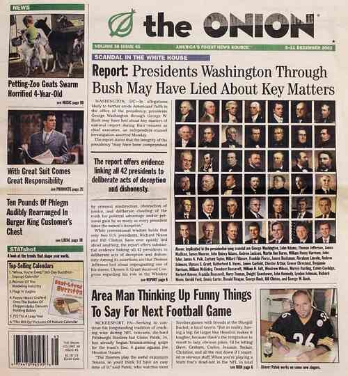 The front page of the physical copy of the Dec. 5, 2002, issue of The Onion