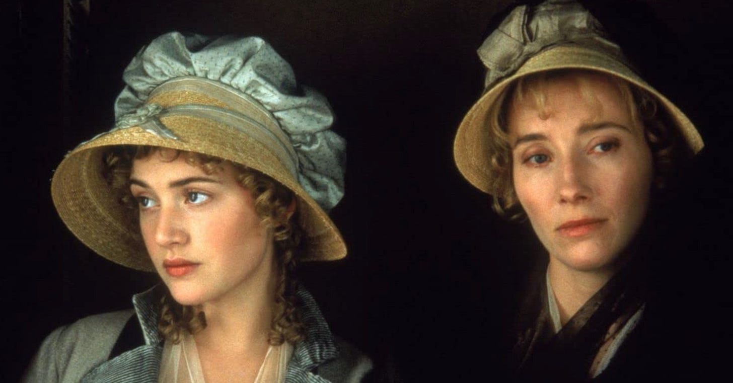 The actors Kate Winslet and Emma Thompson are pictured, each in Regency gowns and bonnets, each looking wistfully away, lost in thought. They are portraying the characters of Marianne and Elinor Dashwood, the sisters of Jane Austen's 'Sense and Sensibility'. The actors Kate Winslet and Emma Thompson are pictured, each in Regency gowns and bonnets, each looking wistfully away, lost in thought. They are portraying the characters of Marianne and Elinor Dashwood, the sisters of Jane Austen's 'Sense and Sensibility'.