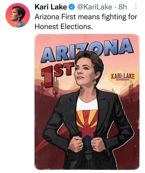 May be a cartoon of 2 people, people standing and text that says 'Kari Lake @KariLake 8h Arizona First means fighting for Honest Elections. ARIZONA 1ST ST KARI-LAKE GOVERNOR'