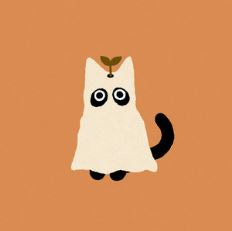An illustration of an animal, maybe a cat, wearing a sheet like a ghost costume.