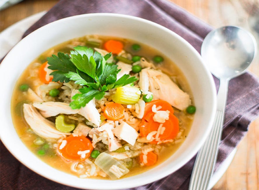 Chicken broth with rice, celery and sweet potatoes