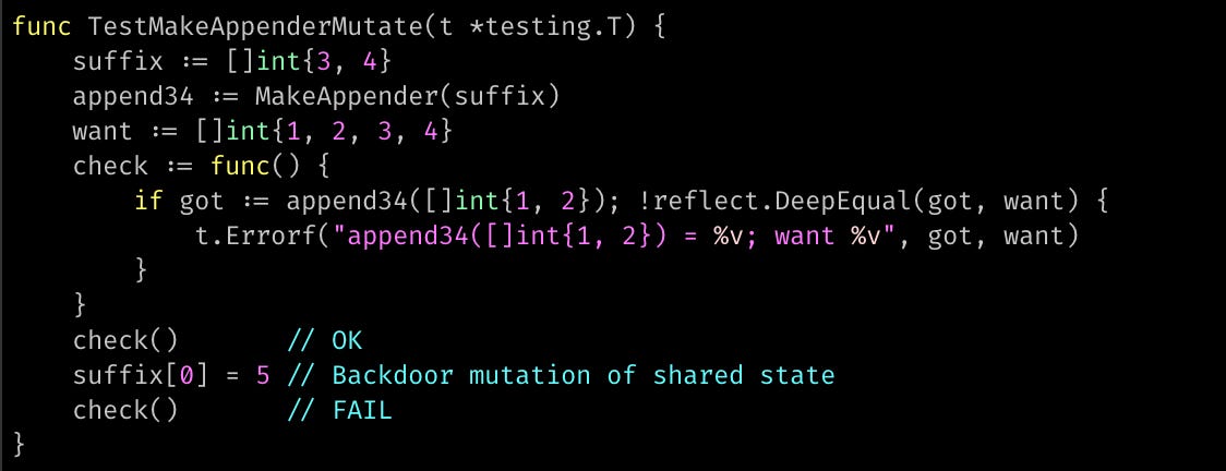 func TestMakeAppenderMutate(t *testing.T) { 	t.Skip() 	suffix := []int{3, 4} 	append34 := MakeAppender(suffix) 	want := []int{1, 2, 3, 4} 	check := func() { 		if got := append34([]int{1, 2}); !reflect.DeepEqual(got, want) { 			t.Errorf("append34([]int{1, 2}) = %v; want %v", got, want) 		} 	} 	check()       // OK 	suffix[0] = 5 // Backdoor mutation of shared state 	check()       // FAIL }