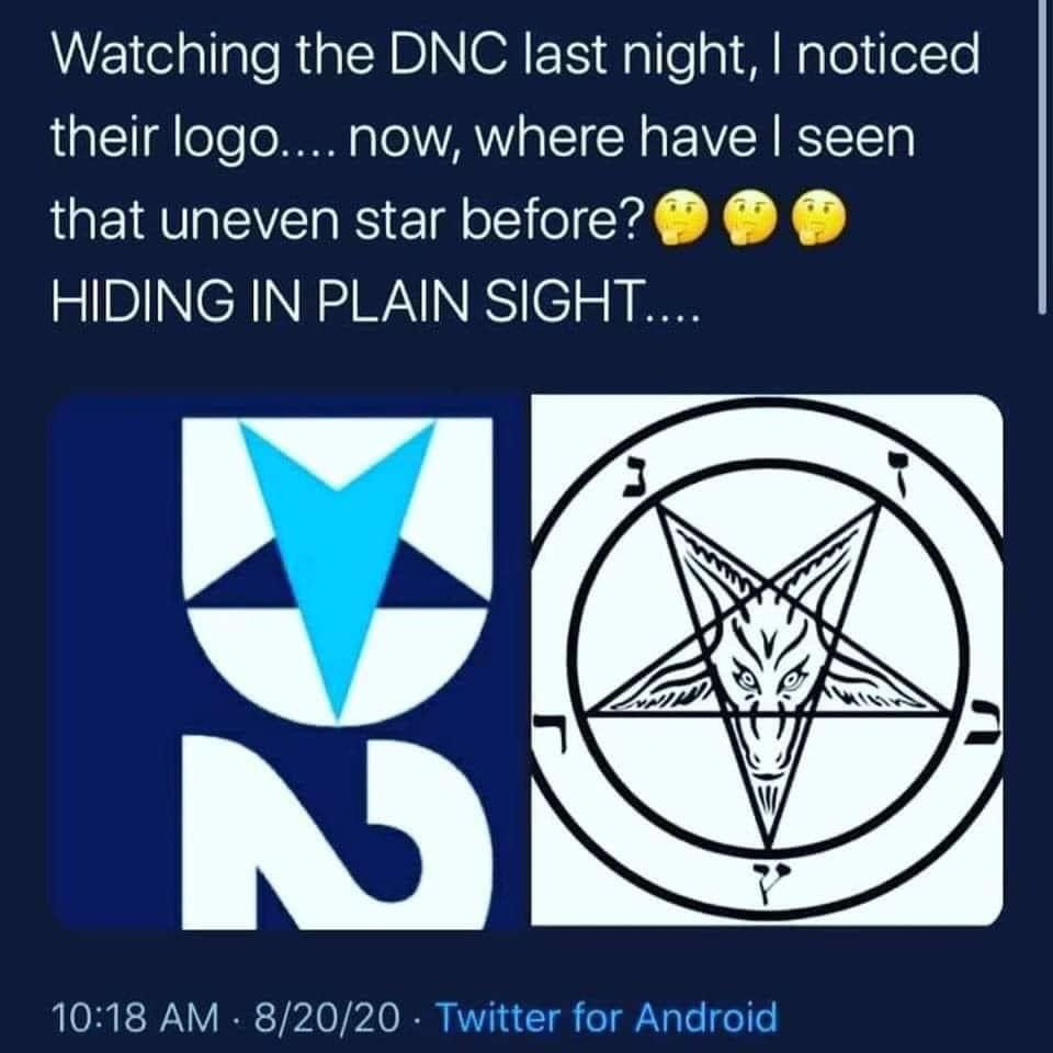 Watching the DNC last night, I noticed 
their logo.... now, where have I seen 
that uneven star before?' O 
HIDING IN PLAIN SIGHT 
10:18 AM • 8/20/20 • Twitter for Android 