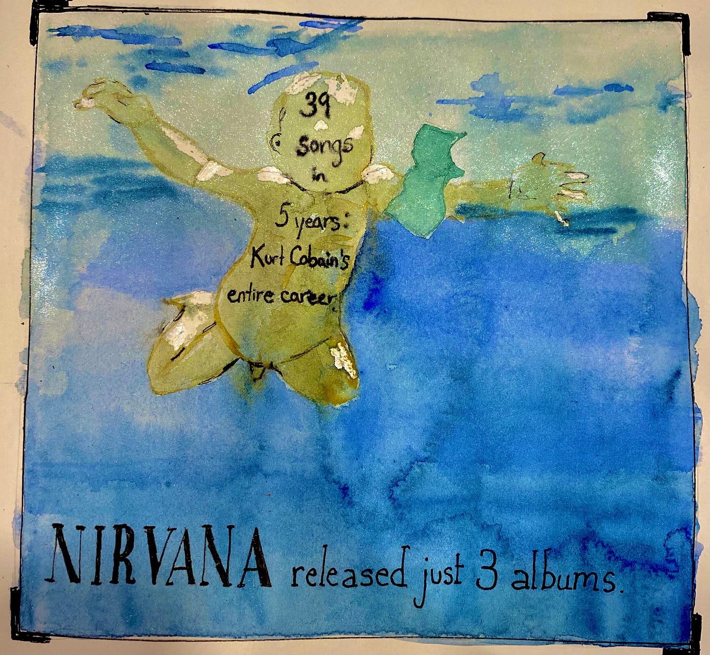 Watercolor of the album cover for Nirvana's Nevermind. Floating over the silhouette of the nude baby is the text "39 songs in 5 years: Kurt Cobain's entire career." Text at bottom reads "Nirvana released just 3 albums."