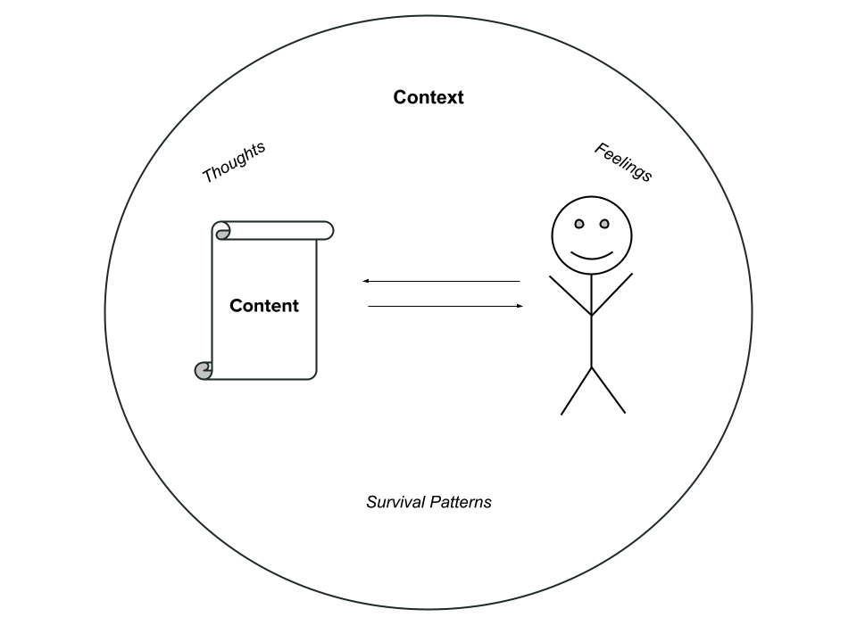 Image of a circle with a scroll labeled "content", arrows pointing between the circle and a person, and the words "thought", "feelings", "survival patterns", and "Context" inside of the circle