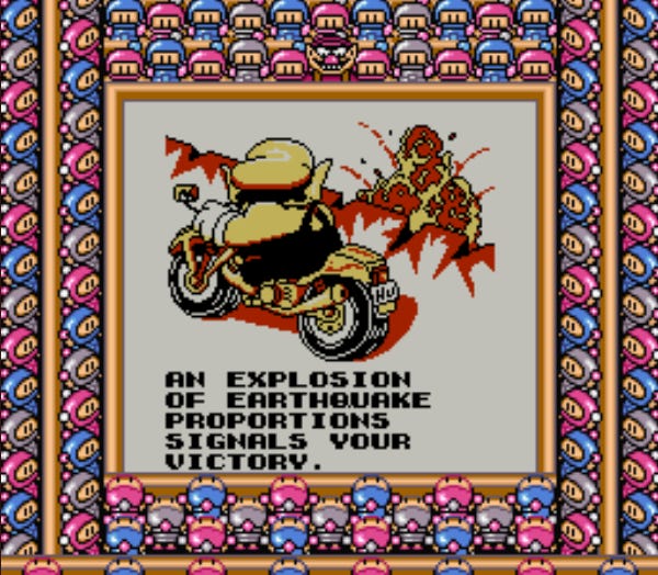 A screenshot from Wario Blast's ending, with Wario riding his motorcycle while staring off at an explosion in the distance.