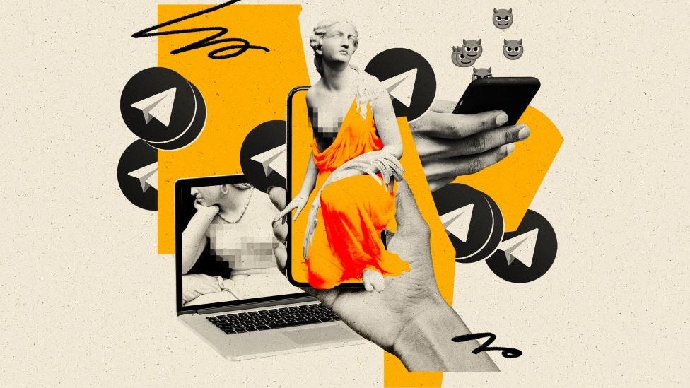 Collage of classical nudes alongside Telegram logos over an orange background. Devil emojis coming out of phone.