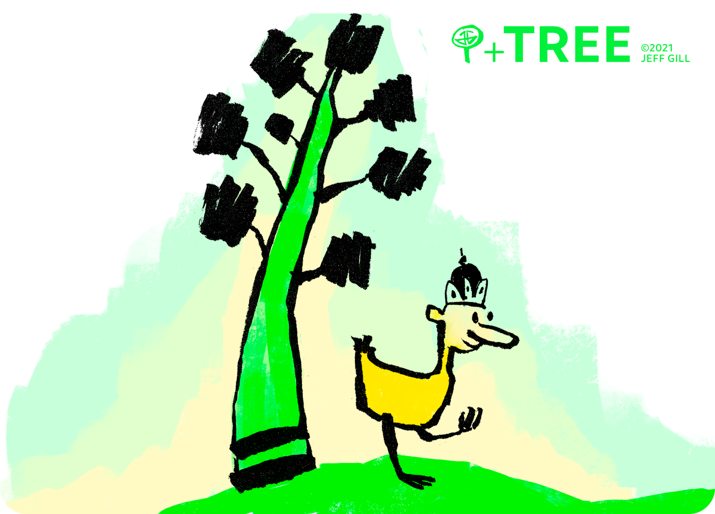 Illustration of a human-faced duck wearing a crown and walking near a tree
