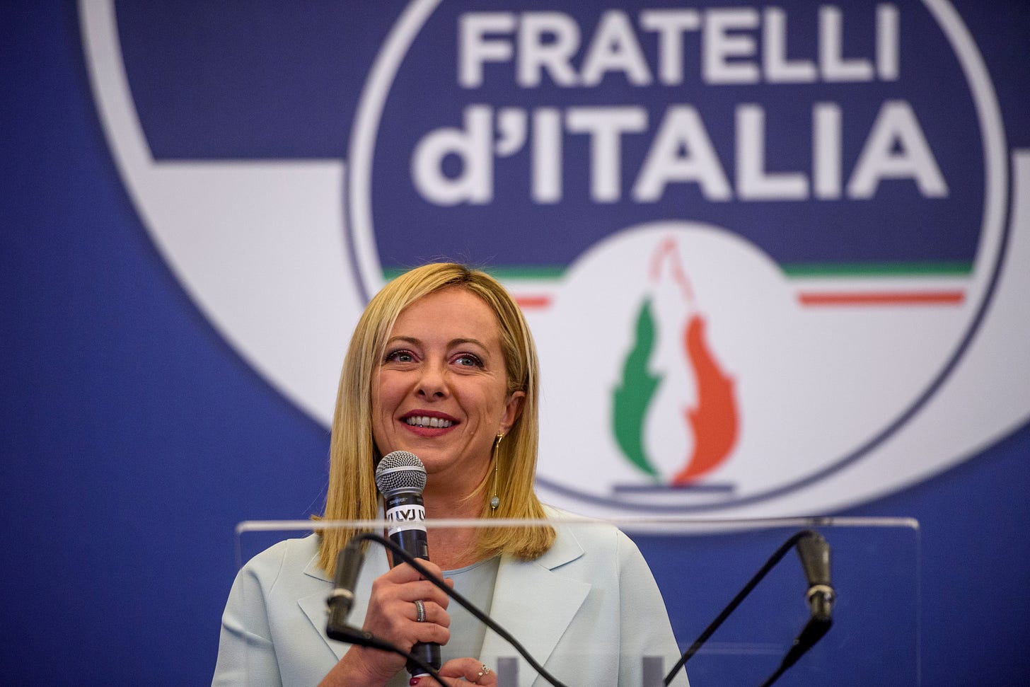 Giorgia Meloni speaks at a press conference at her party’s electoral headquarters on September 26, 2022 in Rome, Italy. (Photo by Antonio Masiello/Getty Images).