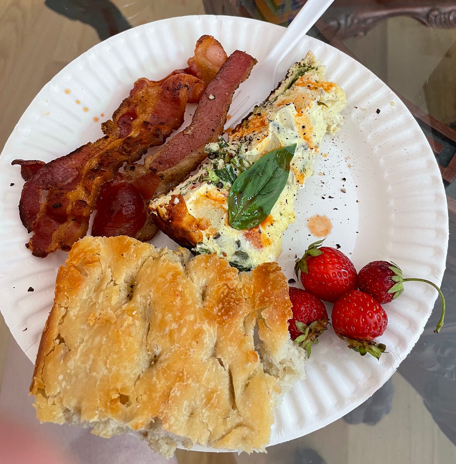 homemade foccacia, bacon, frittata (!), and incredibly adorable strawberries