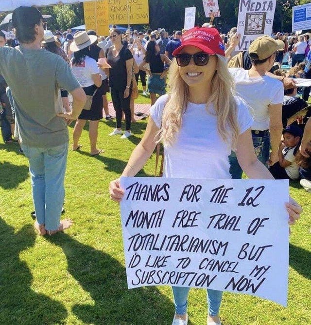 May be an image of 1 person, standing, outdoors and text that says 'ANCRY MEDIA AGAIN THANKS FOR THE 102 MONTH FREE TRIAL OF ID TOTALITARIANISM BUT LIKE 70 CANCEL MI SUBSCRIPTION NOW'
