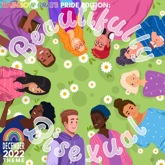 A grassy green scene with various people laying in a circle wearing shades of the bisexual pride flag. It says “Rainbow Crate Pride Edition:” at the top and “Beautifully Bisexual” in a circle in semi-transparent white.